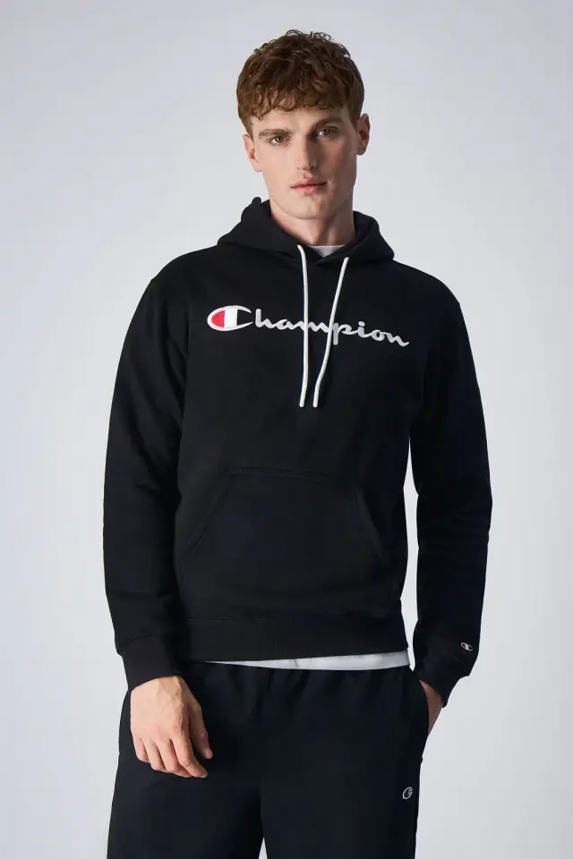 Embroidery Script Logo Fleece Hoodie Siyah