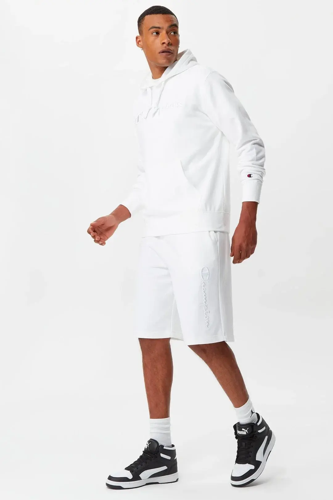 Tonal Embroidery Heavy Cotton Hoodie Beyaz