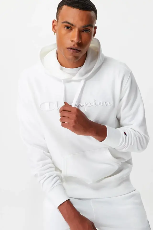 Tonal Embroidery Heavy Cotton Hoodie Beyaz