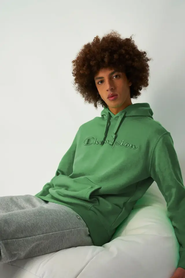 Tonal Embroidery Heavy Cotton Hoodie Yeşil